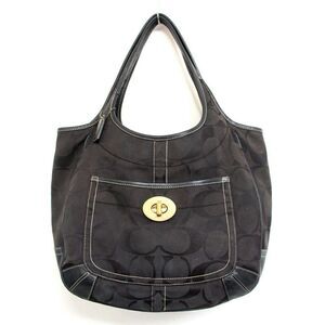 LRG COACH BLACK GRAY CANVAS GENUINE LEATHER TURN LOCK TOTE SHOULDER BAG HANDBAG